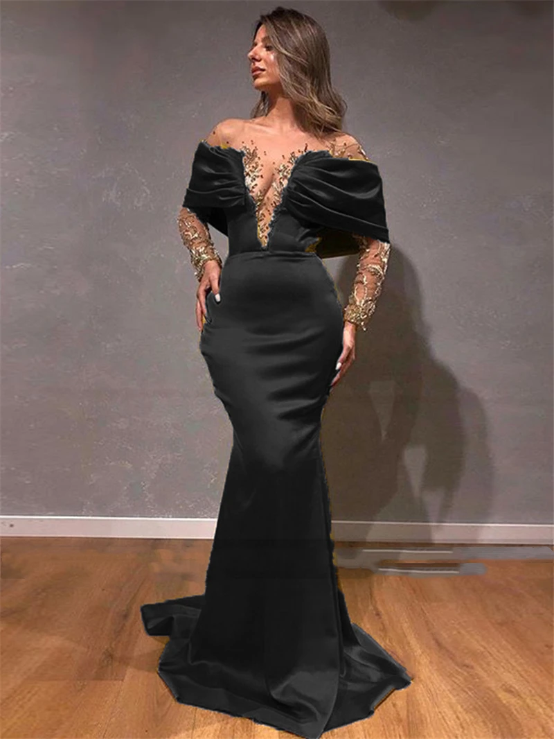 Abiti da sera a sirena in raso nero illusione Sexy collo profondo maniche lunghe 2023 tromba Celebrity Party Prom Gown Gold Beaded