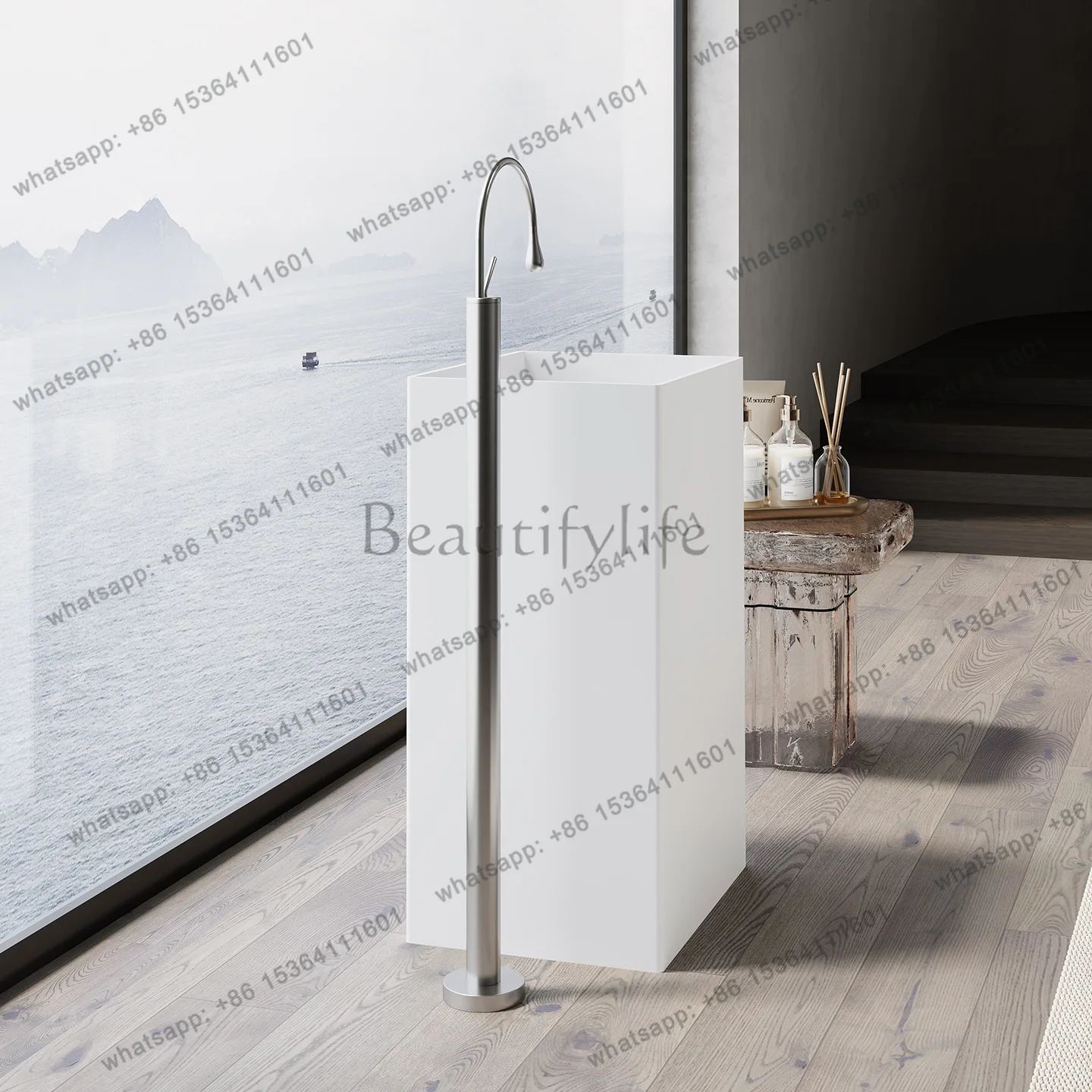 Rectangle simple artificial stone integrated floor-to-ceiling wash basin column basin household