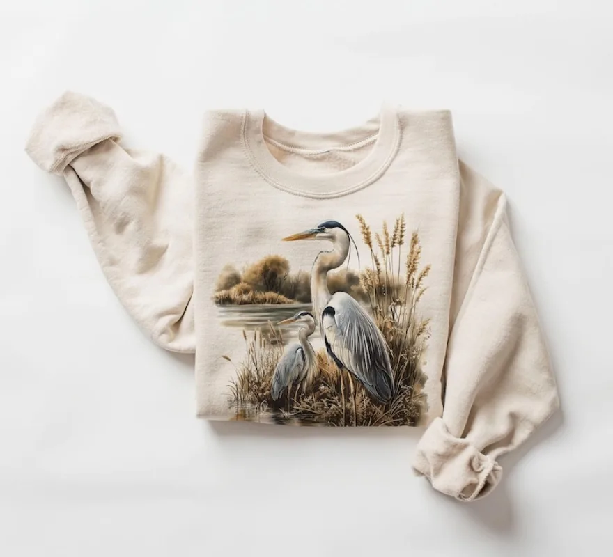 الرجعية العظمى الأزرق هيرون مارش المشهد البلوز 90s الطيور الطيور عاشق هدية الطيور الحياة البرية طبيعة الزي هوديس النساء الملابس