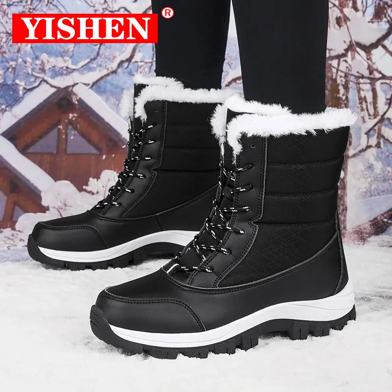 

YISHEN Women Snow Boots Waterproof Faux Fur Lined Warm Winter Outdoor Booties Cotton Shoe Mid Calf Boot For Lady Bottes De Neige