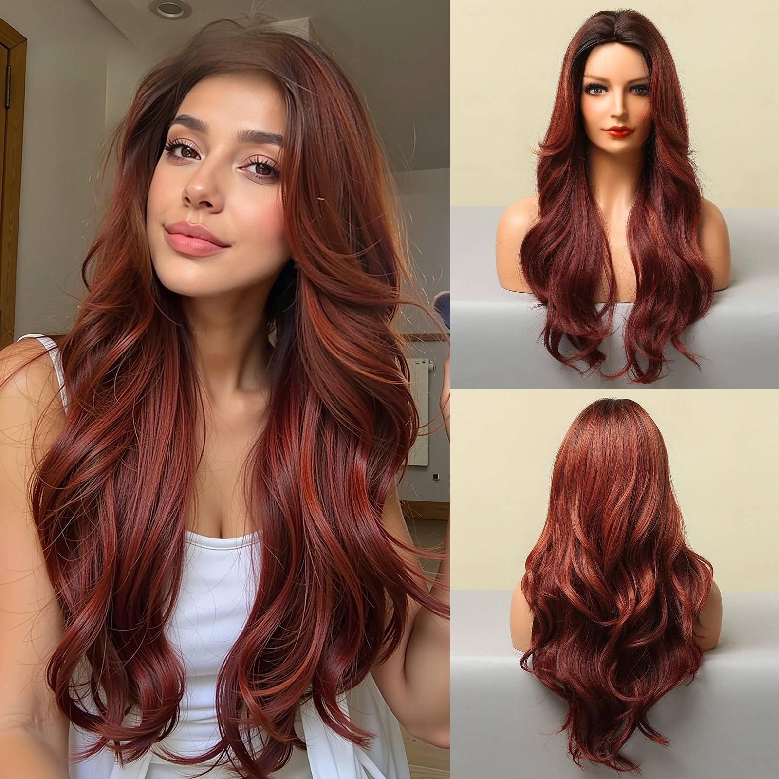 

Medium gradual change red big wave European and American long curly wig cosplay wigs headgear