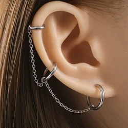 1 Piece A Unique Steel-Colored 18k Gold-Plated Chain Handcuff Hoop Earring With Three Piercings And A Dangling Spiral Pendant