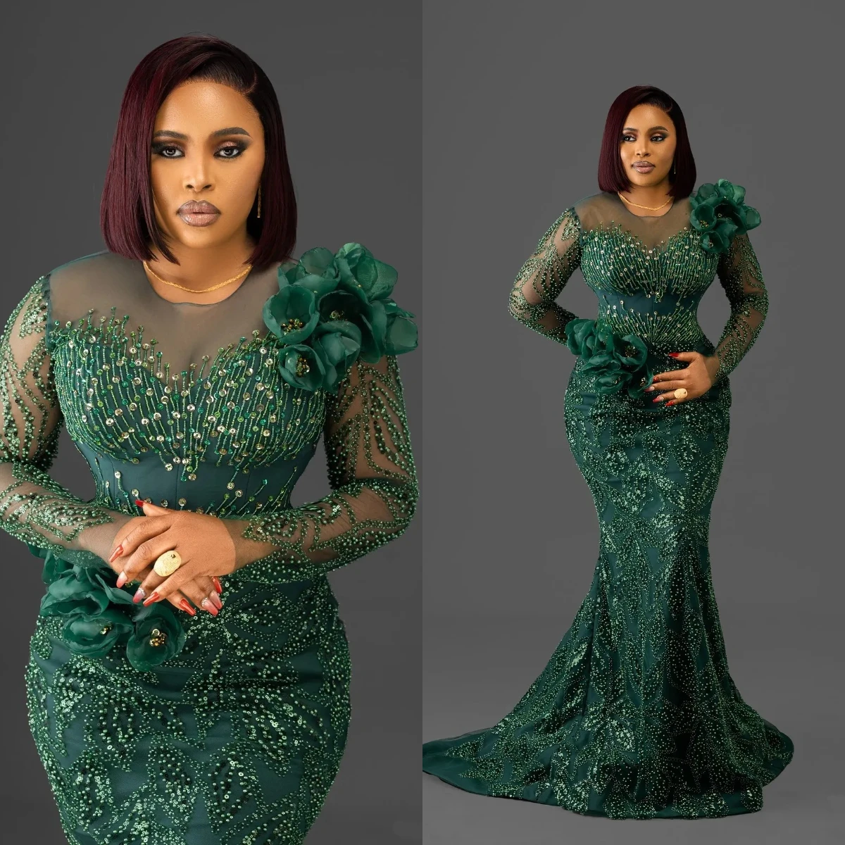 Mermaid Evening Dress Illusion Neck Long Sleeve Heavy Beaded 3D Floral Appliques Formal Prom Dress For Black Women Customized