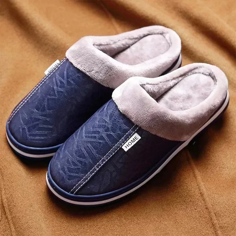 Men‘s Slippers Winter Indoor Women Warm Shoe Fashion Comfortable Waterproof PU Leather Slipper Couple Cotton Flat Shoes 2023 New