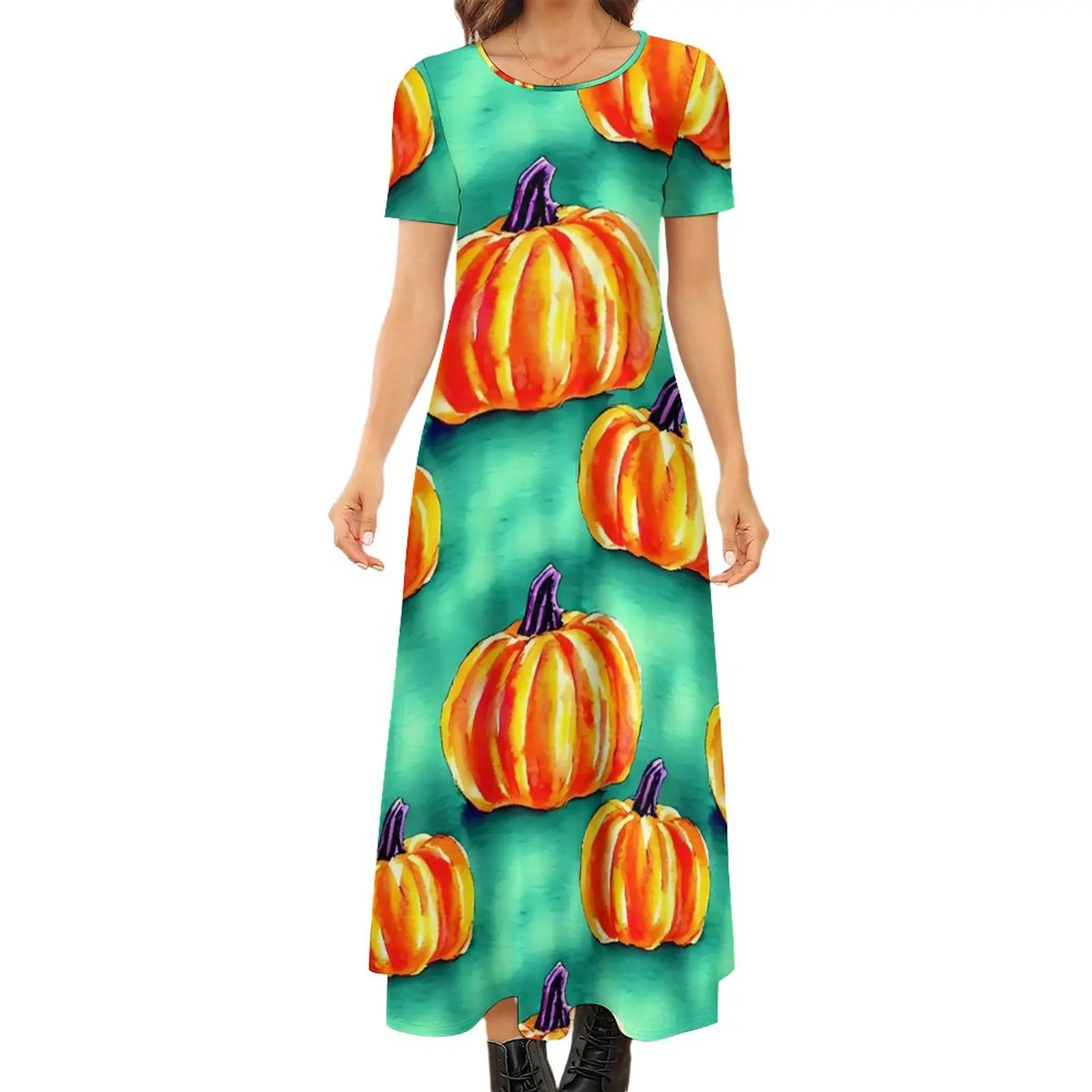 

Pumpkins Print Dress Watercolor Halloween Party Maxi Dress Short Sleeve Fashion Bohemia Long Dresses Women Oversized Vestido