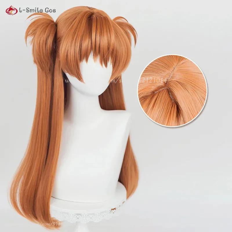 CyAnime إيفا Asuka Langley Soryu شعر مستعار تأثيري 68 سنتيمتر برتقالي براون شعر مستعار مقاومة للحرارة الشعر Asuka Langley Soryu تأثيري دبوس الشعر الدعائم