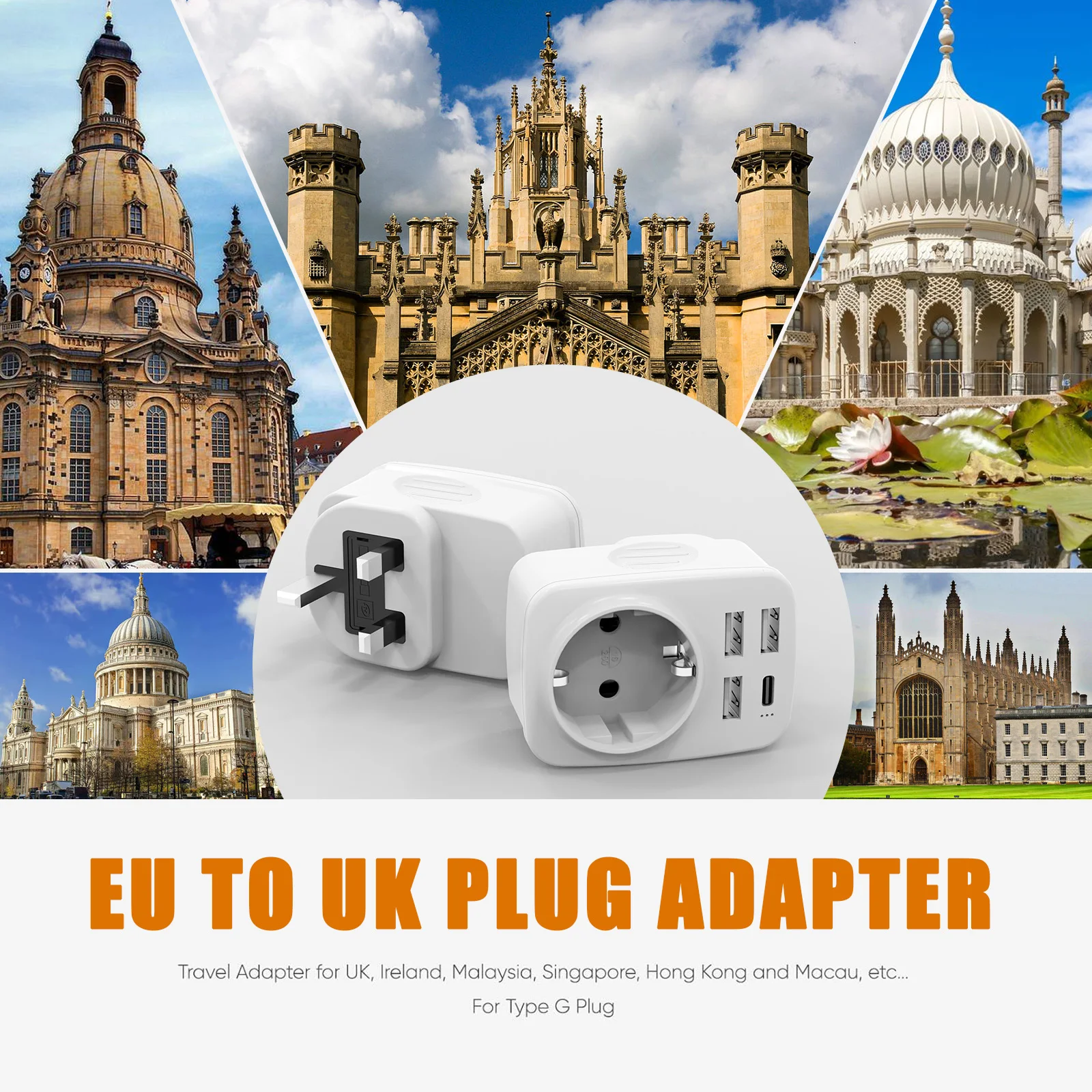 EU to UK Plug Adapter Travel Adapter with 3 USB-A and Type C UK Wall Socket 250V/13A for Malaysia Ireland Singapore Hong Kong