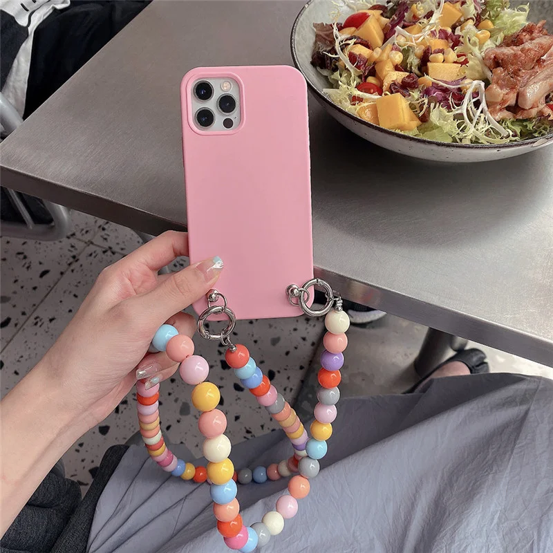 INS Hot Crossbody Rainbow Beads Shockproof Phone Case for iphone 11 13 14 Pro 15 Pro Max XS 6S 7 8 Plus Bumper Soft Back cover