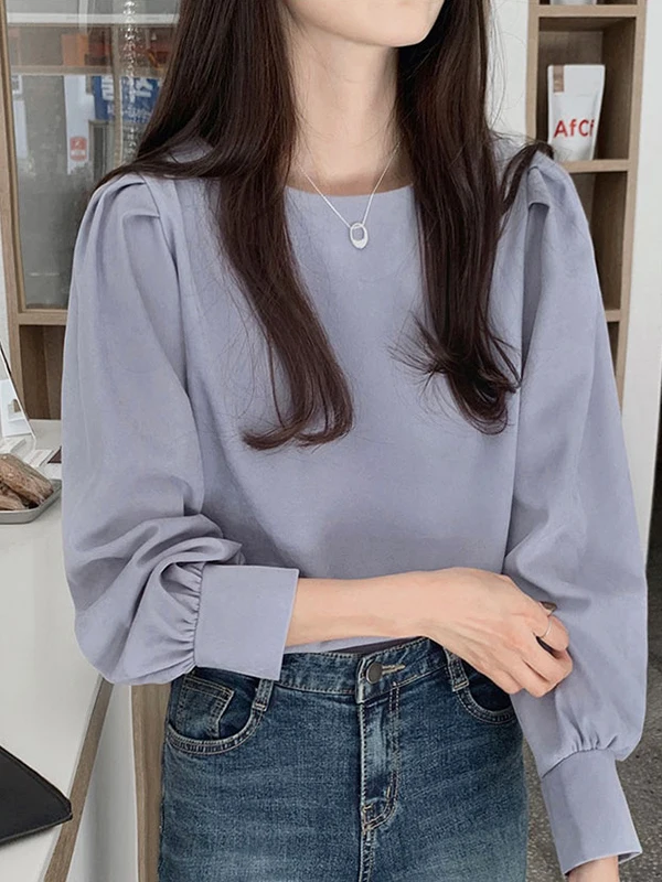 Loose Long Sleeve round Neck Pure Color Women's Shirt Spring Autumn New Style Korean Simple Design Versatile Top Small Audience