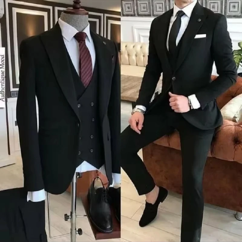 Tailor Made Black Peak Lapel One Button Suit Men Slim Fit Groom Tuxedos Business Prom Terno 3 Pieces（Blazer+Vest +Pant）