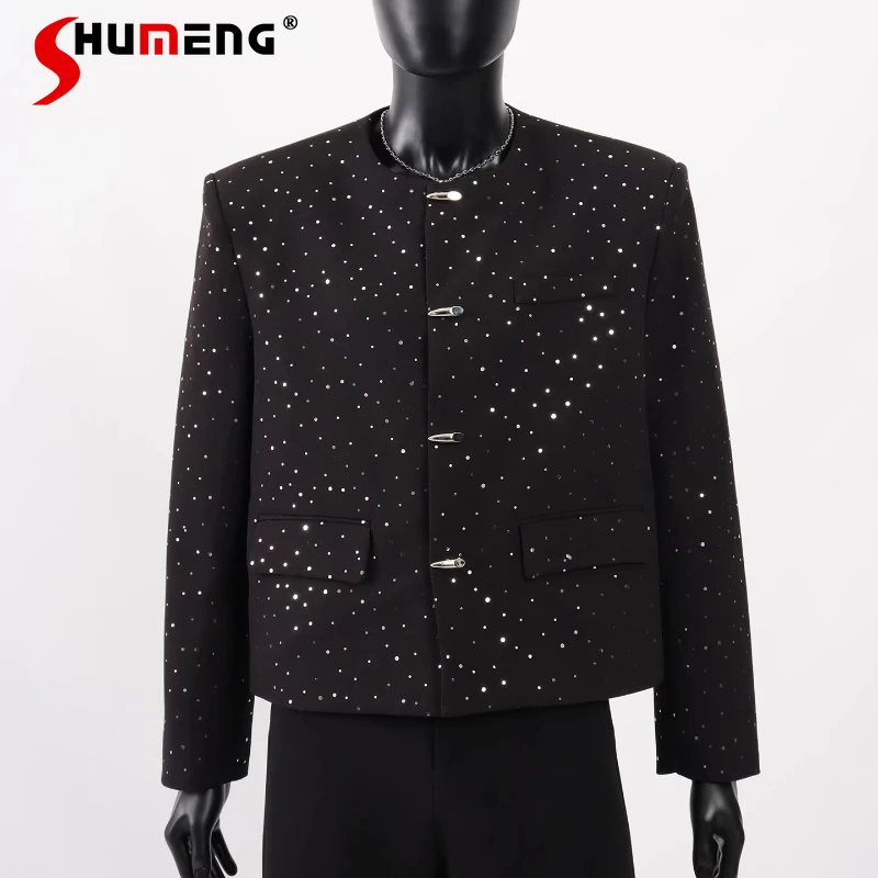 

Men's 2025 Autumn New Fashion Sequin Design Round Neck Chic Tops Loose Padded Shoulder Jackets Small Fragrant Short Style Coats