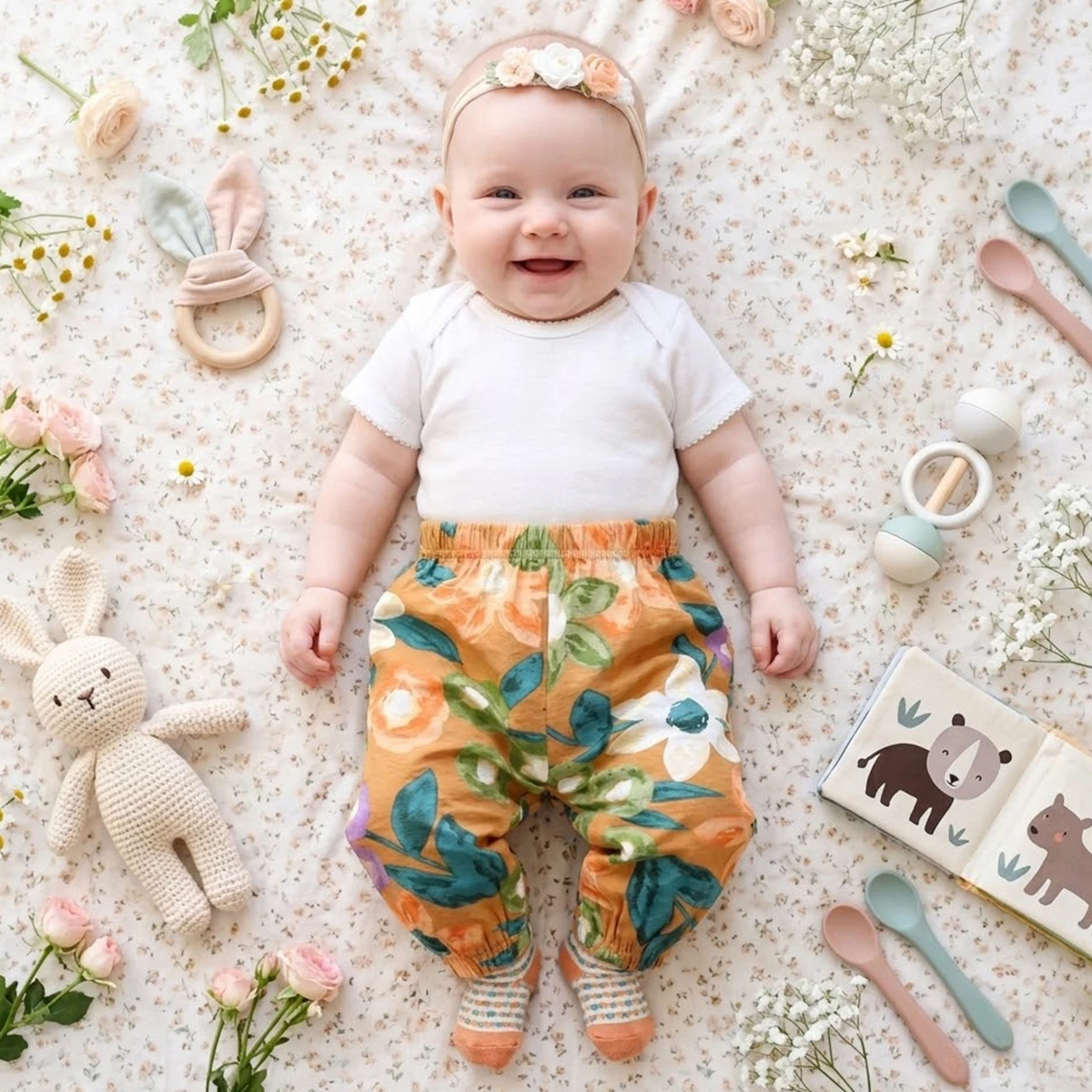 Sanlutoz Toddler Infant Long Pants Summer Baby Girls Flowers Casual Pants Cotton