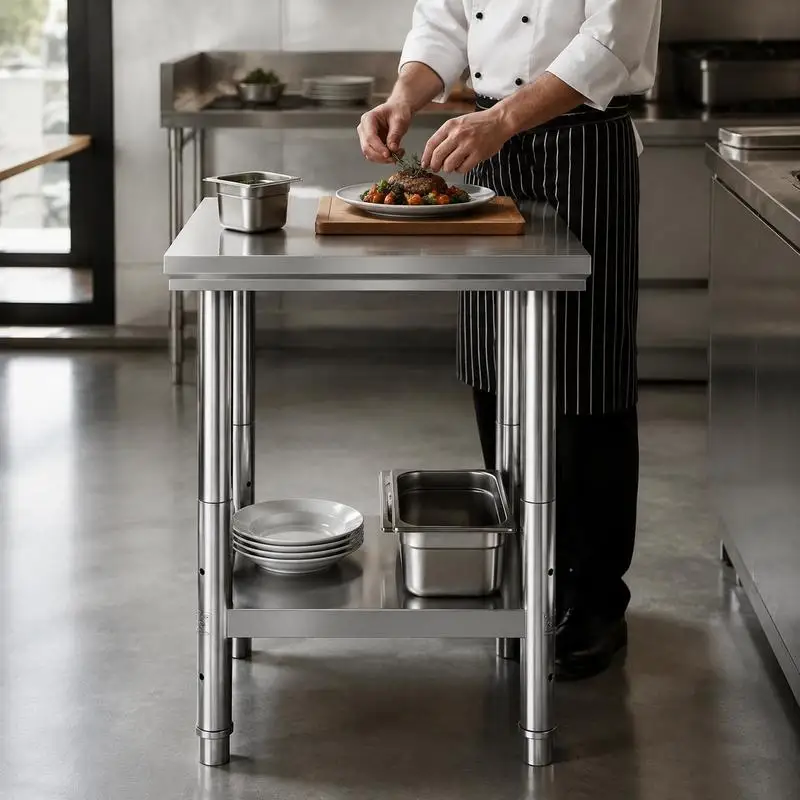 Table de travail en acier inoxydable 60 cm x 60 cm pour la préparation des aliments, la couture, le lavage, l'artisanat, l'utilisation en garage, etc.