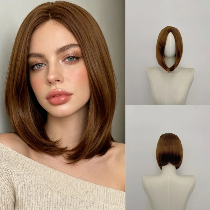 Women's short straight wig with middle parting and bangs, African style, full head cover
