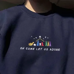 oh Come Let Us Adore Letters Embroidered Crewneck Sweatshirts Female Long Sleeve Thick Loose Warm Pullover Vintage Style Jumpers