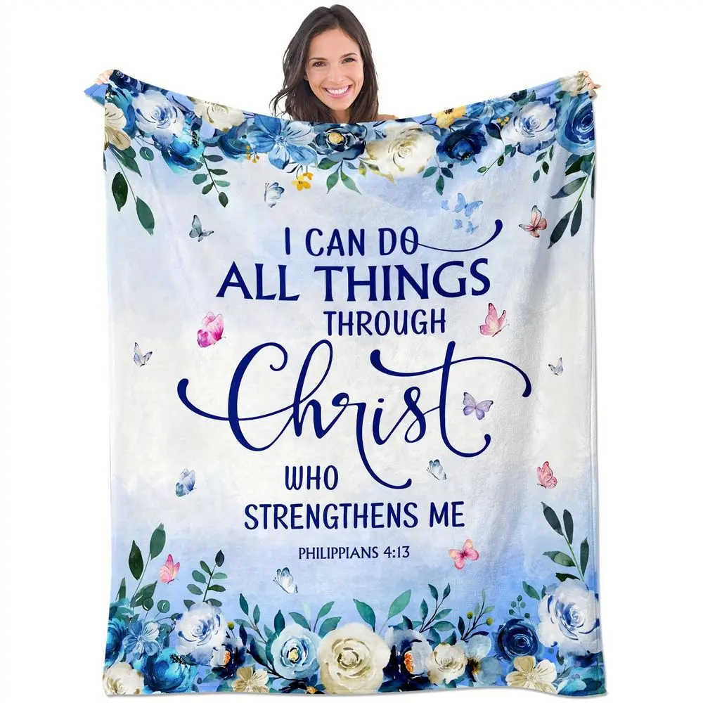 Philippians 4:13 Christian Flannel Throw Blanket, I Can Do All Things Through Christ Blue Floral Butterfly Bible Design, Soft Lightweight Cozy Bedding Cover for Sofa Couch Bed Bedroom Living Room, Prayer Blanket, Faith Prayer Home Decor, Religious Gift