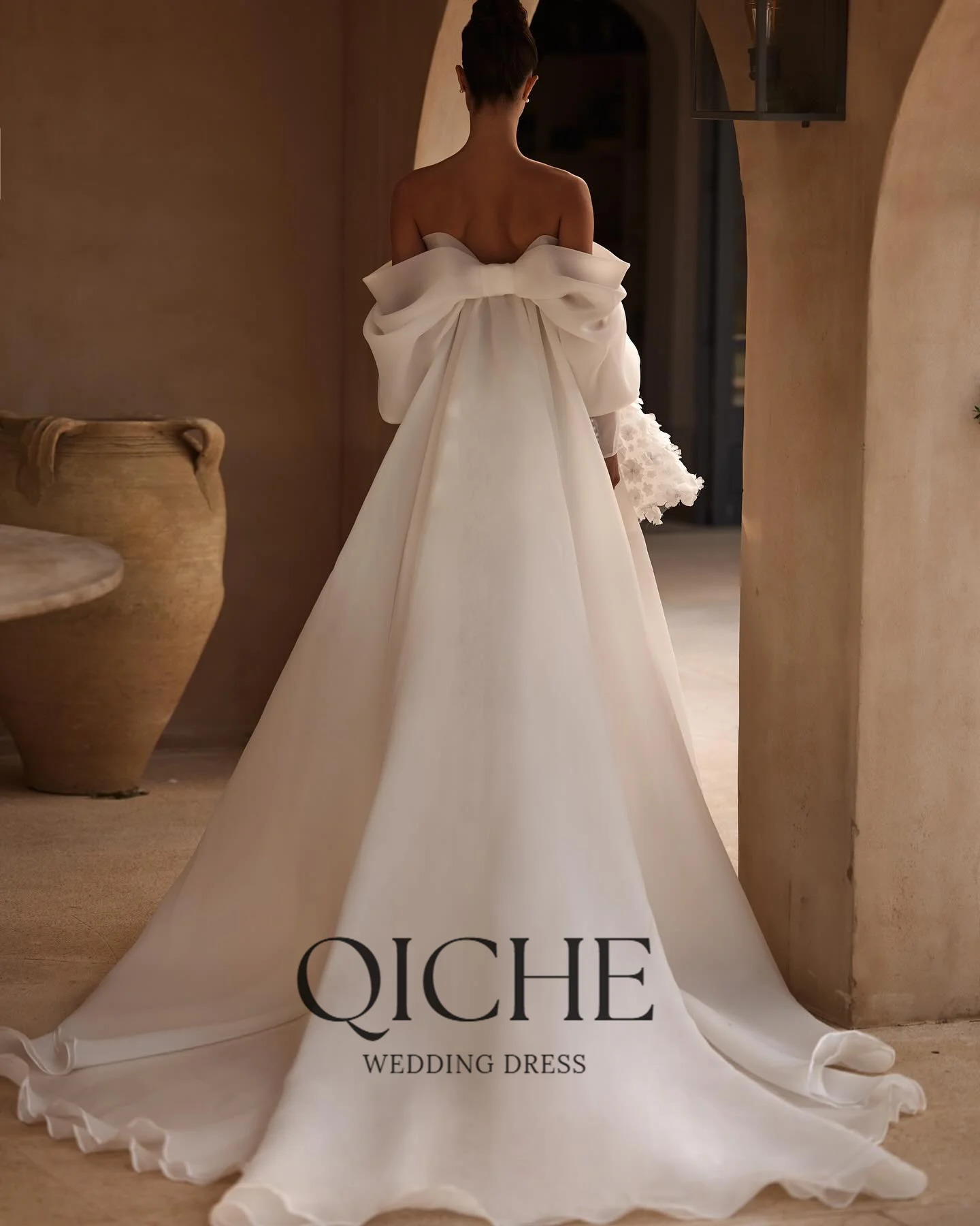 QICHE Mini 3D Flowers With Pearls Wedding Dress Detachable Puffy Sleeve And Train vestidos de novia A-line After Party image 4