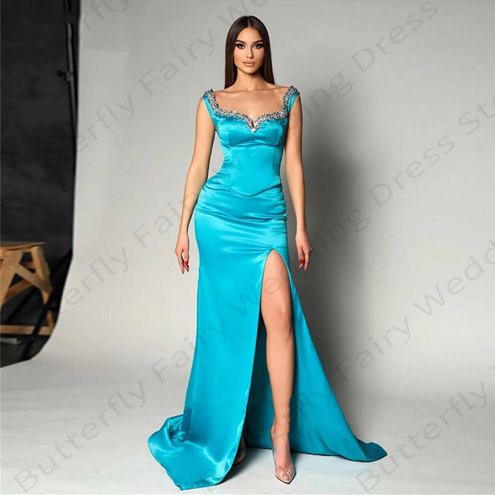 Gorgeous Satin Women Evening Dresses 2023 Latest Exquisite Off Shoulder High Split Sleeveless Mopping Prom Gown Party Mermaid