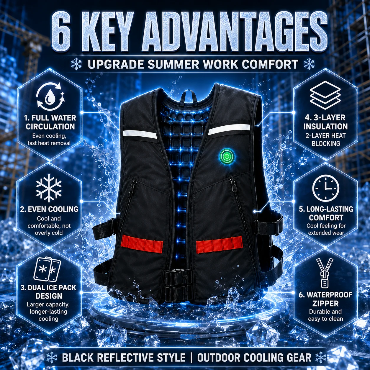 Water Cooling Vest with 5 Ice Packs, Reflective Circulation Cooling Work Vest for Construction Fishing, Power Bank Not Included