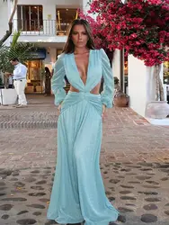 Sexy Deep V Neck Backless Hollow Out Solid Maxi Dress Elegant High Waist Full Sleeves Long Dresses Chic Lady Party Holiday Robes