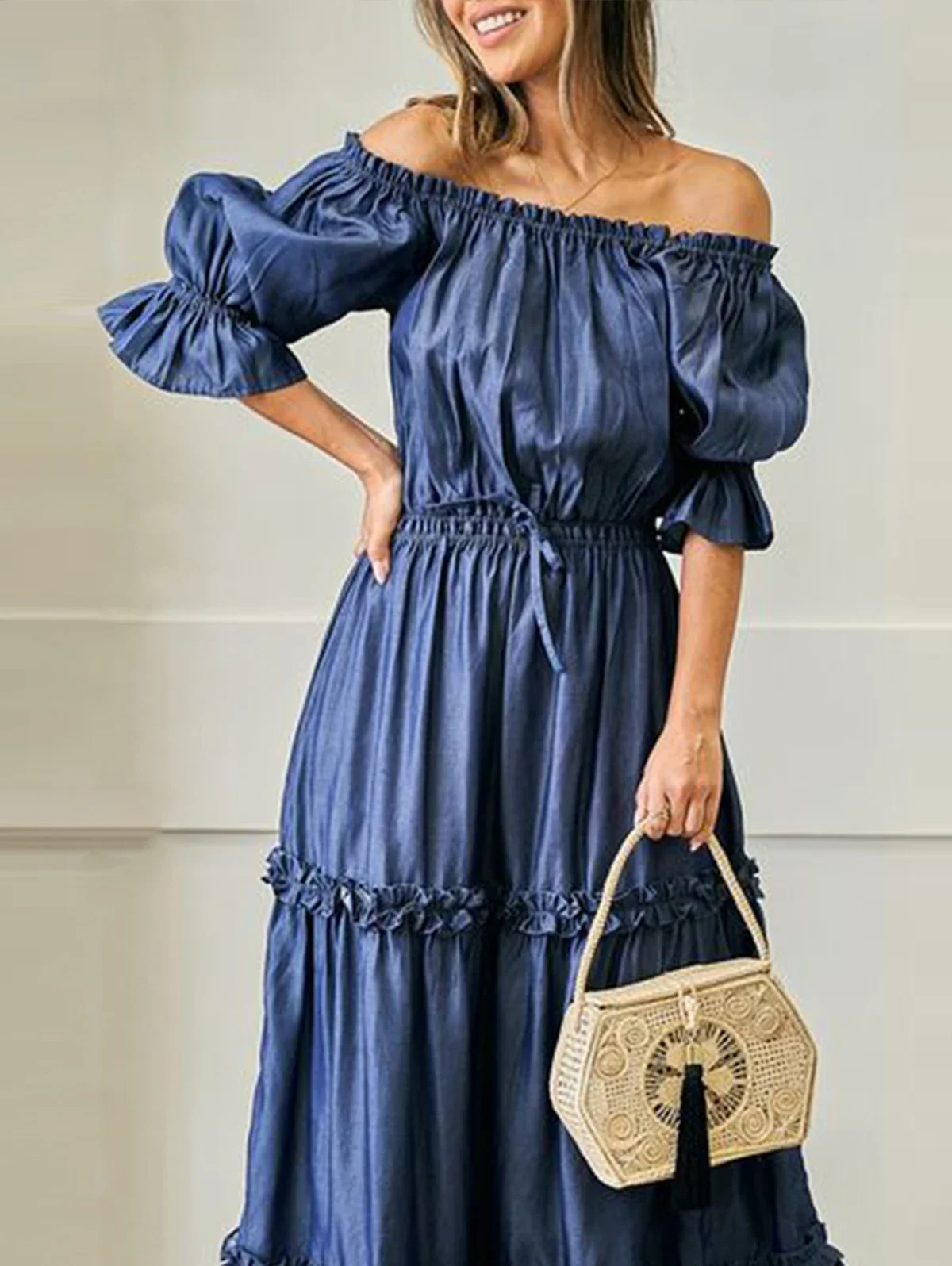 Women\'s Plus Size Off Shoulder Dress Ruffle Sleeve Stretch Elegant Vintage Casual Sweet Summer Long Dress A-Line Pleated Dresses