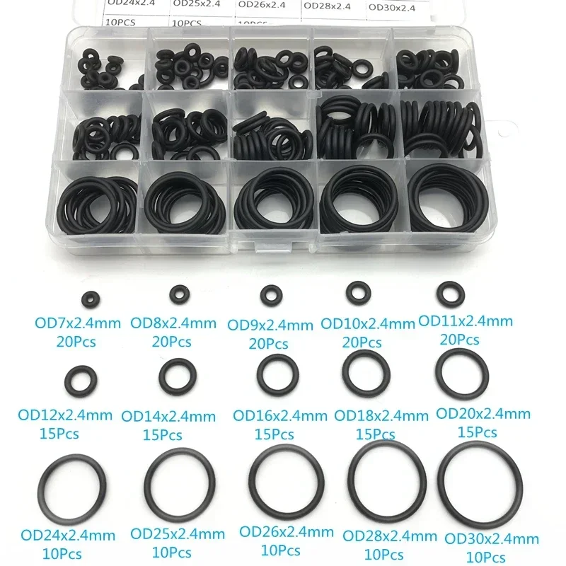 225pcs/Box Rubber O Ring Thickness 2.4mm Assortment Black Sealing Gaskets Set Nitrile Washer High Quality For Car Gasket 15 Size