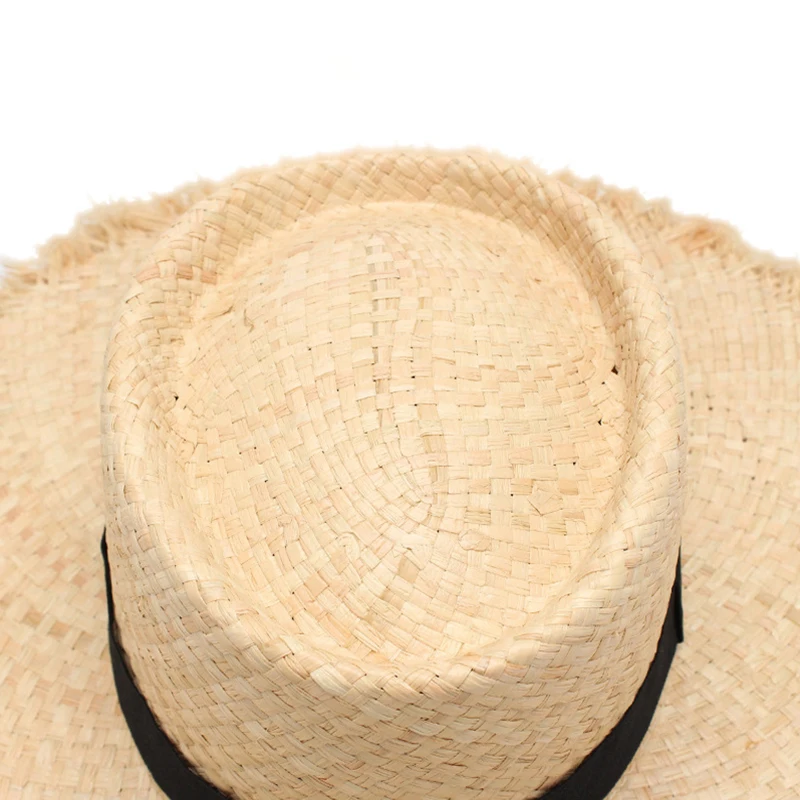 New ladies raffia hat with elegant bow Korean style straw hat women flat top panama hat UV protection summer vacation hat cap