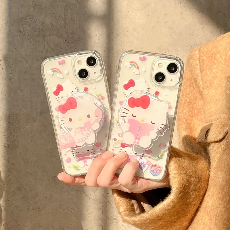 Cute Sanrio Hello Kitty Magnetic Bracket Magsafe Wireless Charge Phone Case For iPhone 15 14 13 12 11 Pro Max Clear TPU Cover