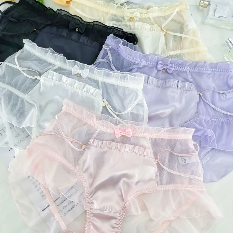 3XL Plus Size Sexy Seductive Sheer Mesh Satin Women's Panties Cute High-Waist Briefs Ruffled Lace Trim Stretch Thin Underwear