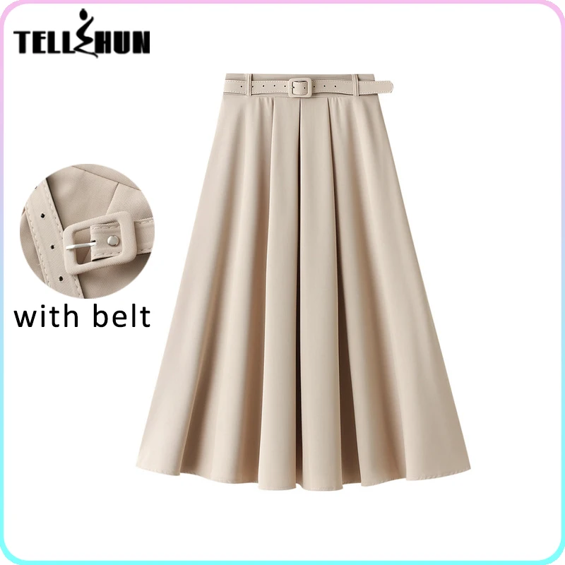 

Autumn clothes for women Midi pleated stylish long Skirt with belt high waist office lady Elegant A-line dress Streetwear traff