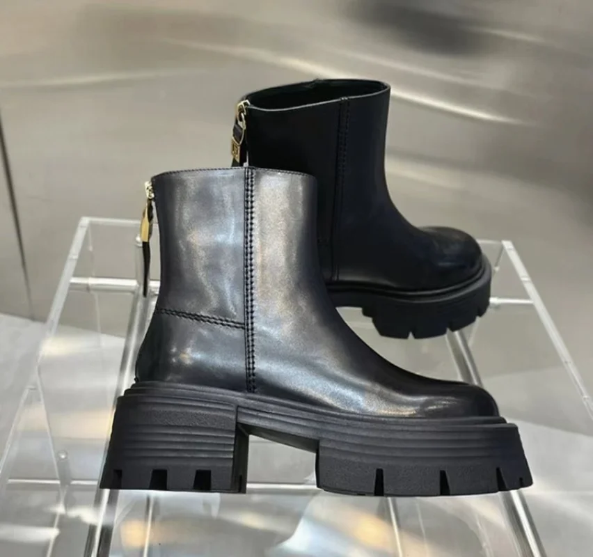 Botines de tacón alto con punta redonda para mujer, botas de plataforma con cremallera trasera, novedad de 2023