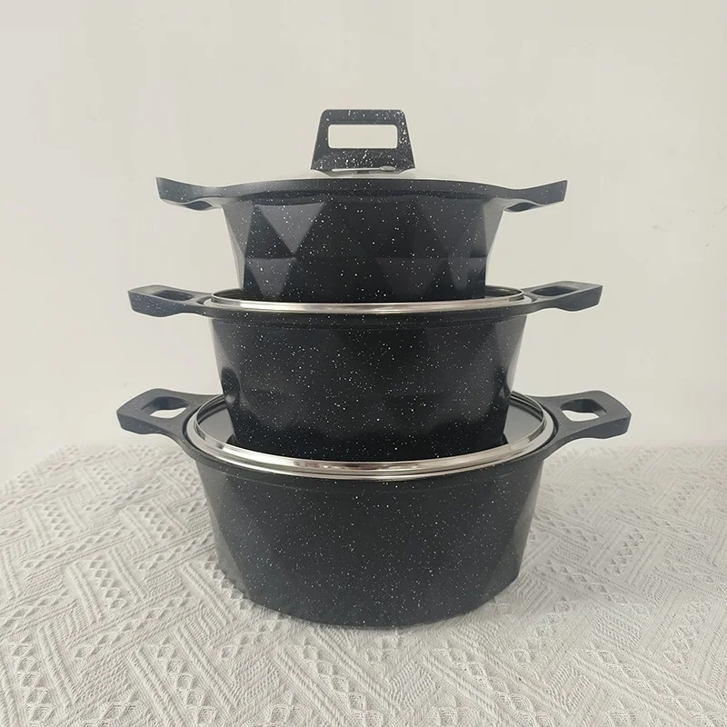 Kitchen Cookware 17-Piece Set Spiral Bottom Diamond Design Marble Coating Non-Stick Gas Cooker Casserole Cast Aluminum