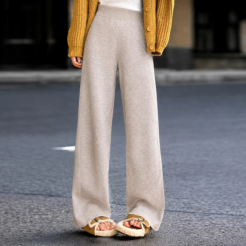Grey wool casual pants for women, autumn and winter high waisted wool straight leg pants, wool narrow version wide leg pants