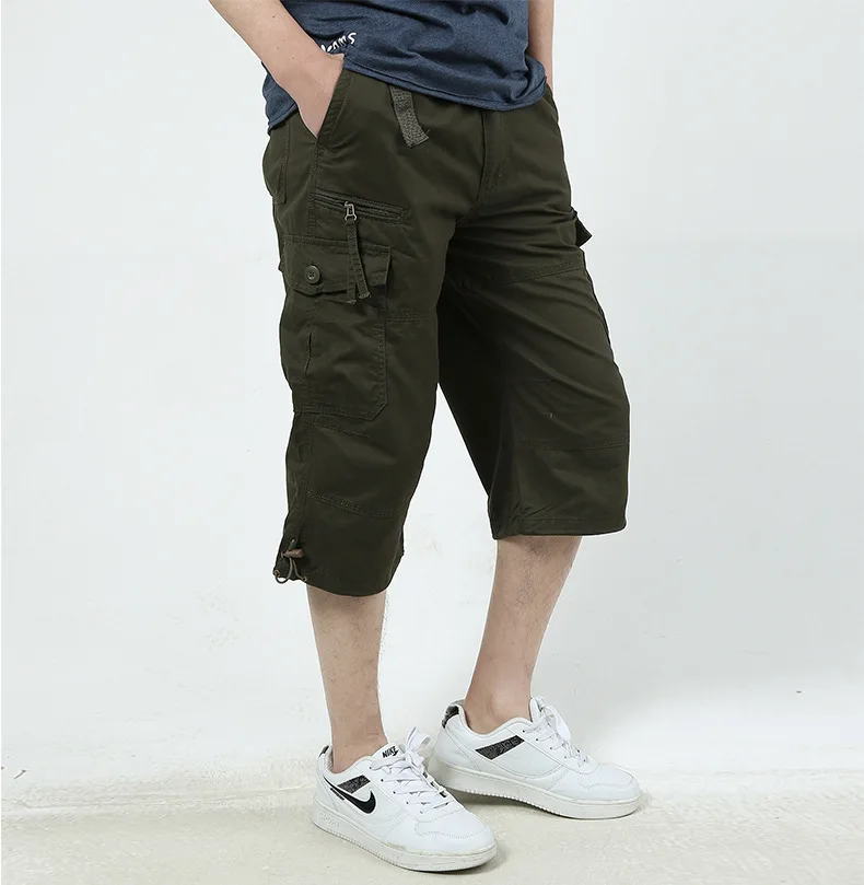 Lange Cargo Short Heren Zomer Knie Multi Pocket Casual Katoen Elastische Taille Capri Militaire Hot Broek Cropped Broek