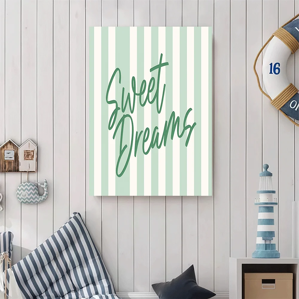 1PC-Canvas poster Unframed  Sweet Dreams Wall Art Canvas Print Mint Green Stripes Decorative Home Poster  summer