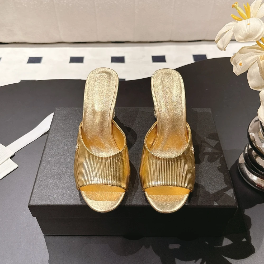 

High-End Summer 2026 Luxury Brand Sexy Leather Round Toe High Heel Open-Toe Slippers Stylish Designer Fashion Footwear