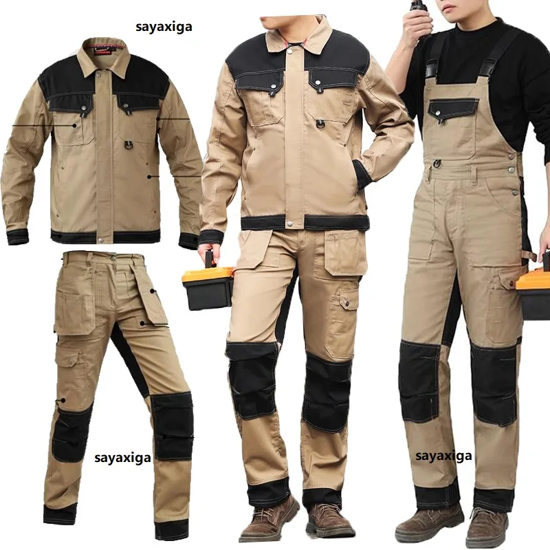 Men’s Work Clothing Brace Bib Overall With Knee Pads Carpenters Work Overall Work Wear Jacket Pants Mechanical Repairman Uniform