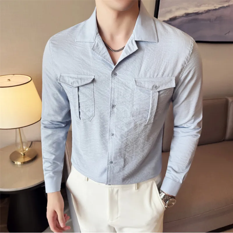

Men's White Long - Sleeve Shirt with Double Chest Pockets & Cotton - Linen Texture, Korean - Style Fashion Design