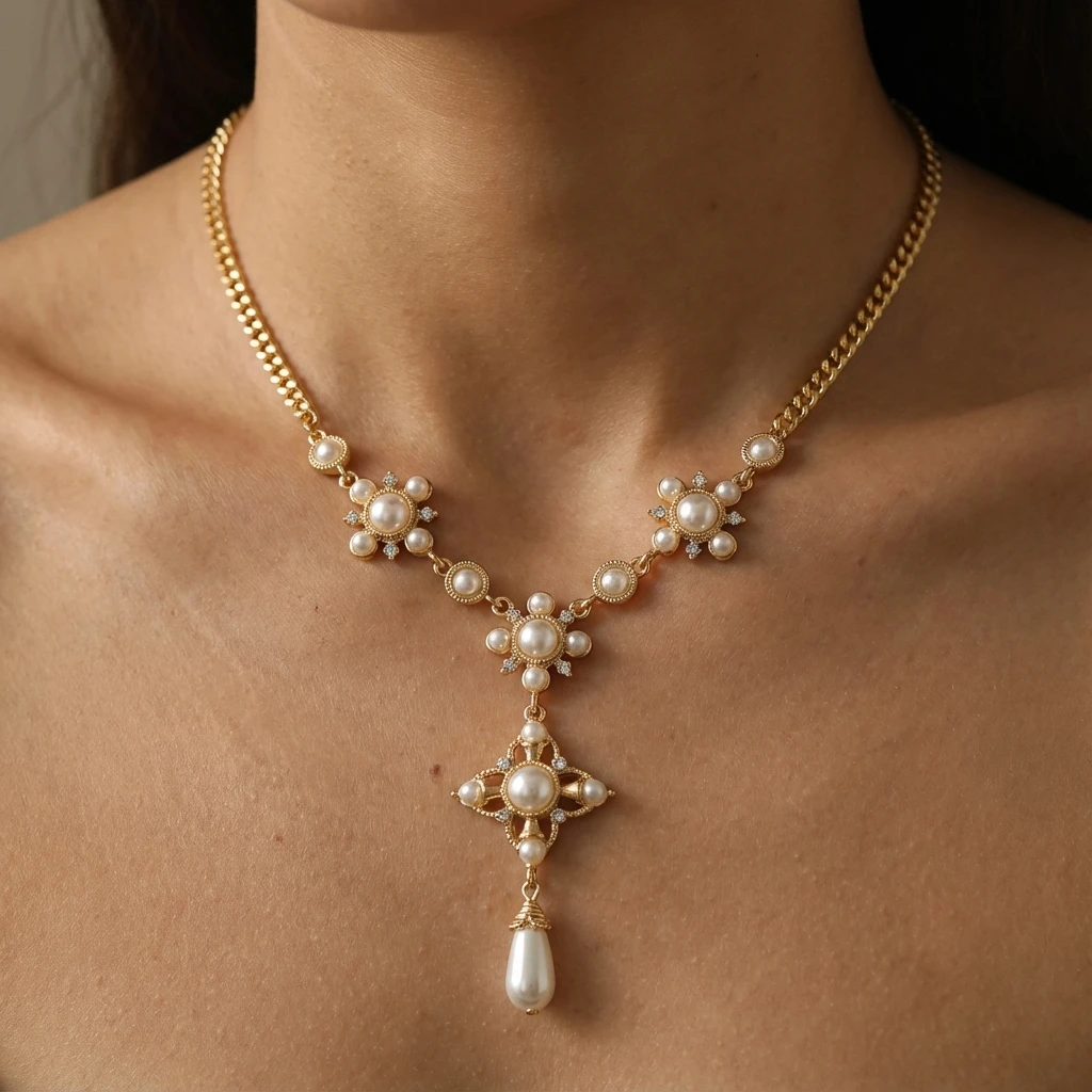 

Vintage Luxury Pearl Rhinestone Necklace for Women Flower Cross Drop Pendant Elegant Wedding Party Statement Jewelry