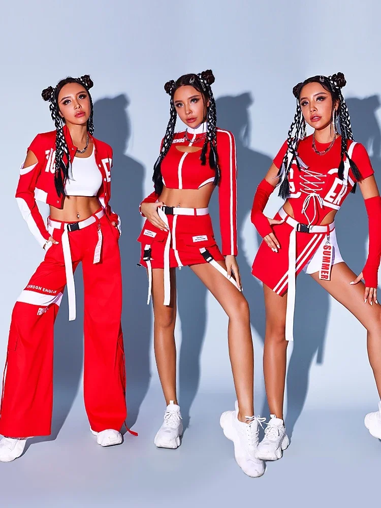 Women Gogo Dancers Red Outfits Adult Hip Hop Dance Performance Stage Party Dress Girls Group Jazz Dance Costumes