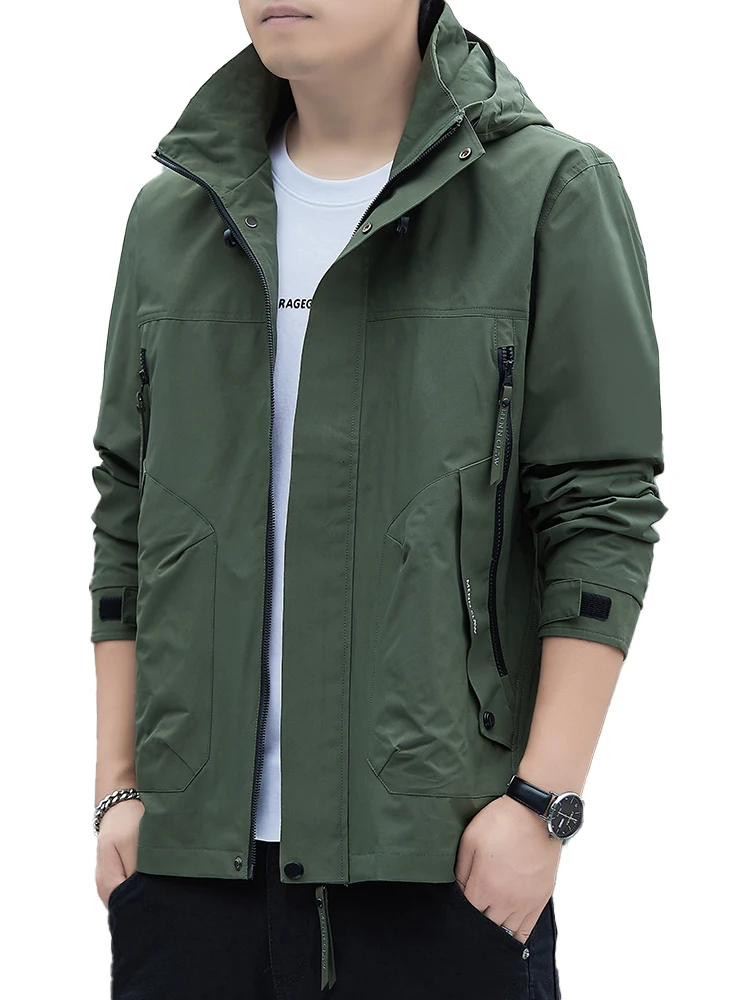 Men Spring Hooded Cargo Jacket Windproof Zip Up Casual Outdoor Coat