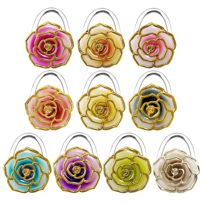 

Two-Color Rose Hanging Hook, Plastic Flower, Gold Edge Folding Hook, Creative Gift, Table Handbag Hook, Gradual Change, 5Pcs