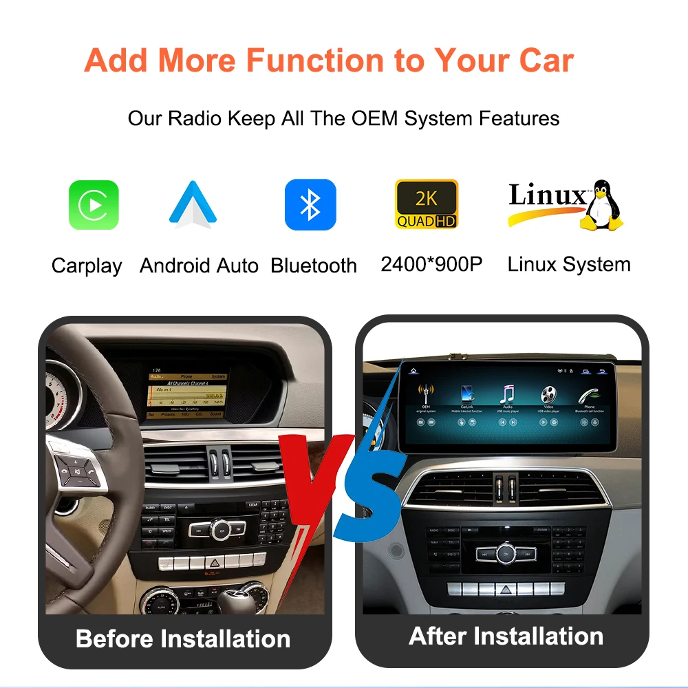 Car Multimedia system Bonroad 12,3 inches 2400*900 Android Auto thread Carplay Linux for Mercedes Benz C class W204 2011-2014 system NTG4.5