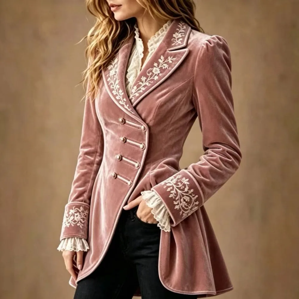 Damen Herbst-Winter Samt-Blazer mit Revers, Blumenstickerei, Diagonalknöpfen, Schlanker Schnitt, Lange Ärmel, Vintage-Oberbekleidung