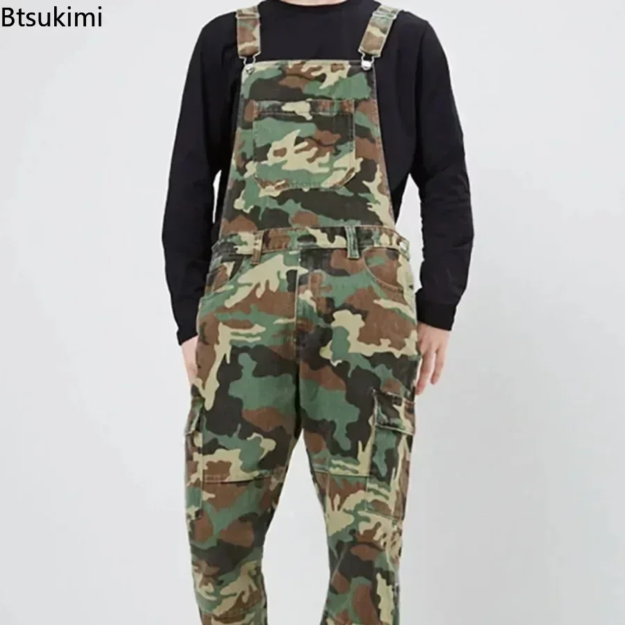 2024 Men\'s Camo Cargo Pants Work Overalls Bib and Brace Camouflage Combat Jeans Jumpsuit Pants Motorcycle Streetwear Jeans Men