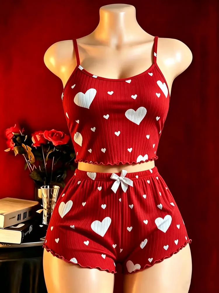 S M L XL 2XL Sexy Heart Print Women 2 Pcs Pajama Set Bow Sleeveless Camisole + Shorts Sleepwear Sets