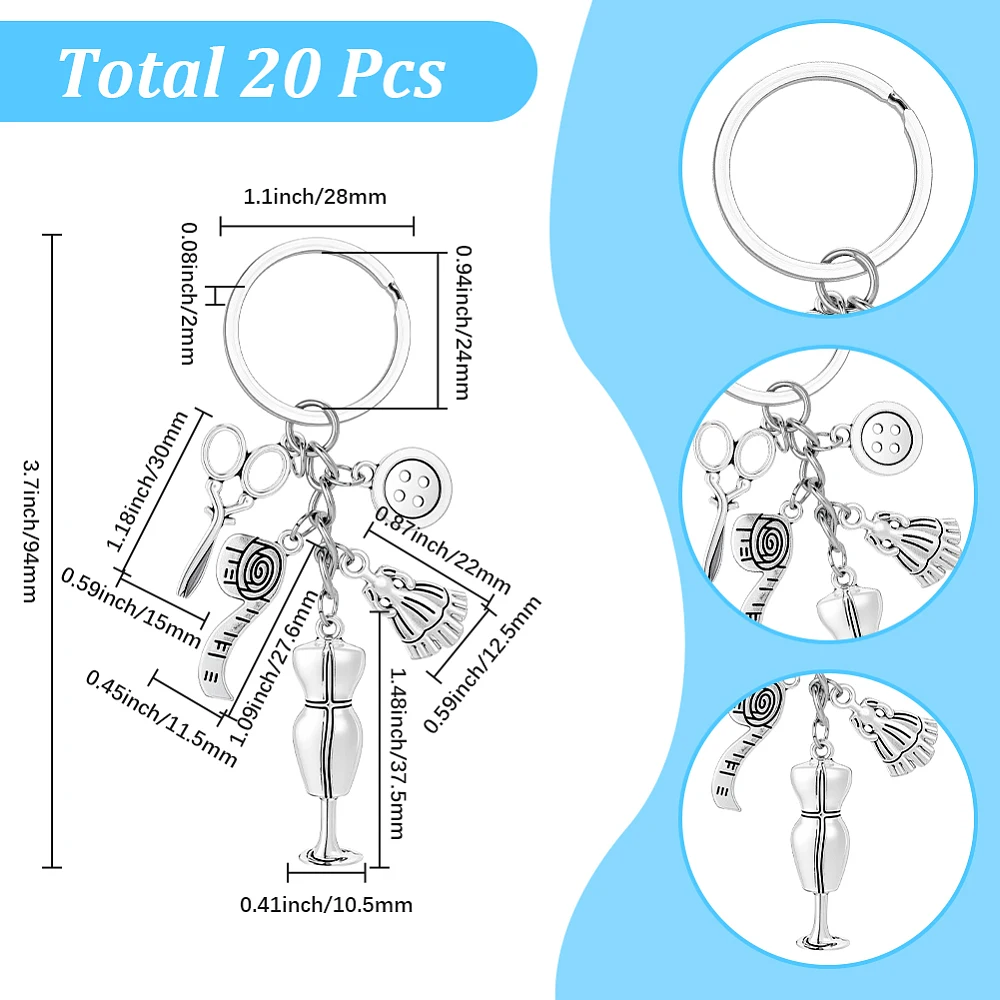 1 Box 20Pcs Sewing Keychain Bulk Quilting Key Chains Set Silver Metal Knitting Charms Keyrings Keychain Accessories for Quilters