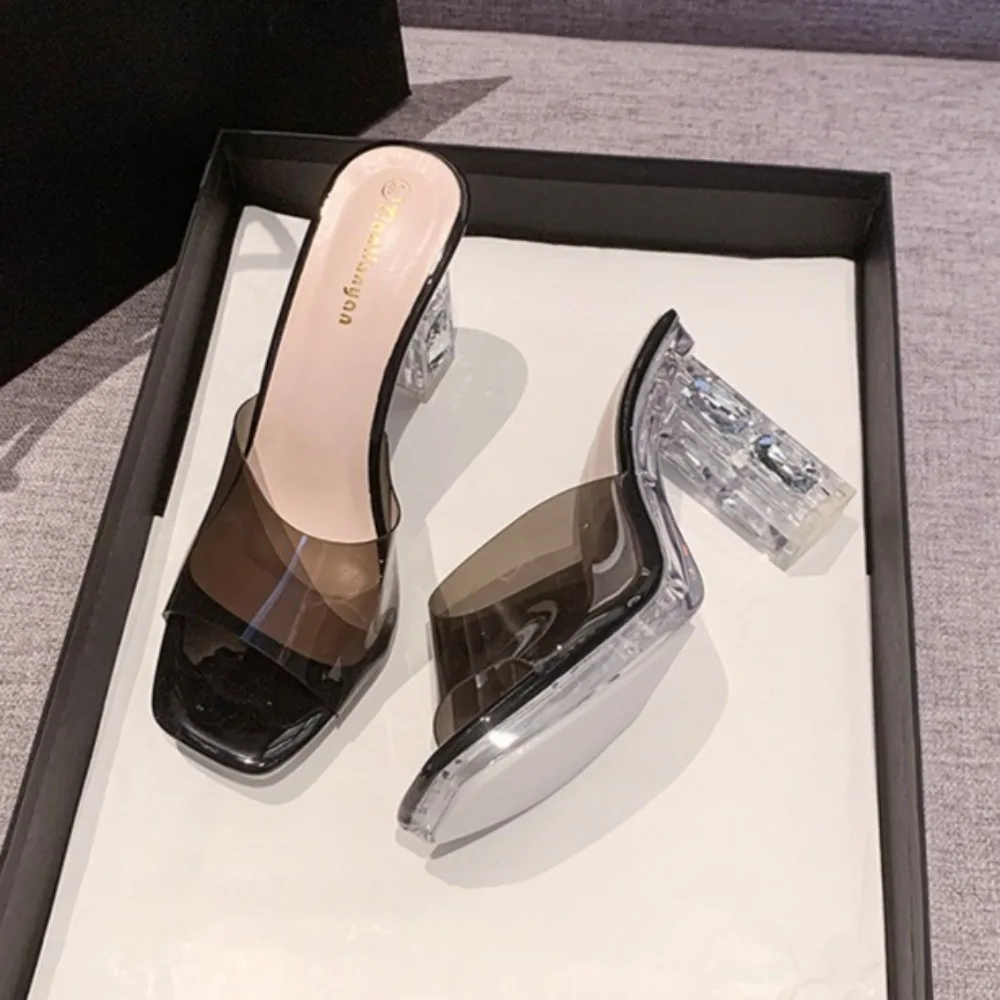 Thick Heel Sandals Women Slippers Catwalk High Heels 9.5CM Sexy Waterproof Table Transparent Crystal Fish Mouth Slippers Women