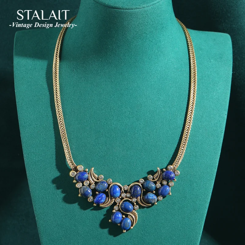 

Vintage Snake Chain Necklace Natural Stone Lapis Lazuli Pendant Antique Gold Color Accessories For Women Jewelry 2025