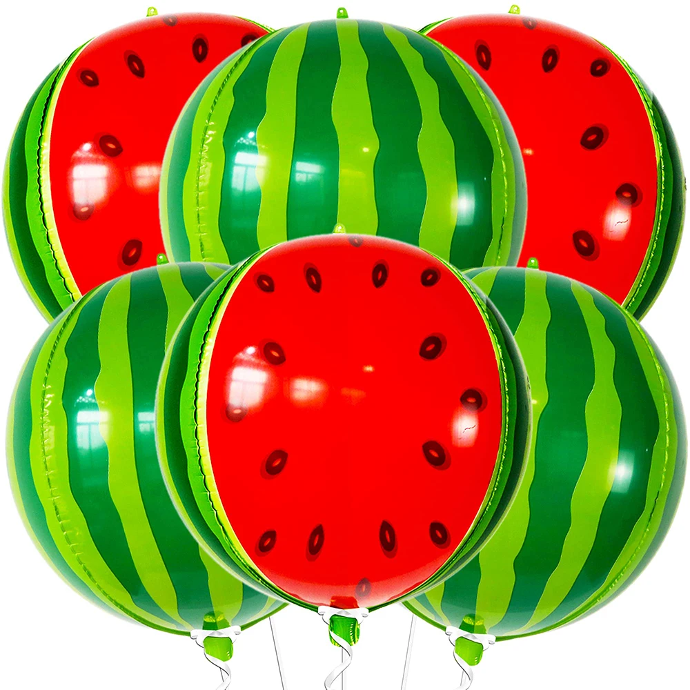 Paquete de 6 Globos Redondos de Papel de Aluminio con Forma de Sandía 4D de 22 Pulgadas, Ideales para Fiestas Hawaianas, Fiestas de Cumpleaños, Fiestas de Frutas, Decoraciones para Fiestas con Temática de Frutas